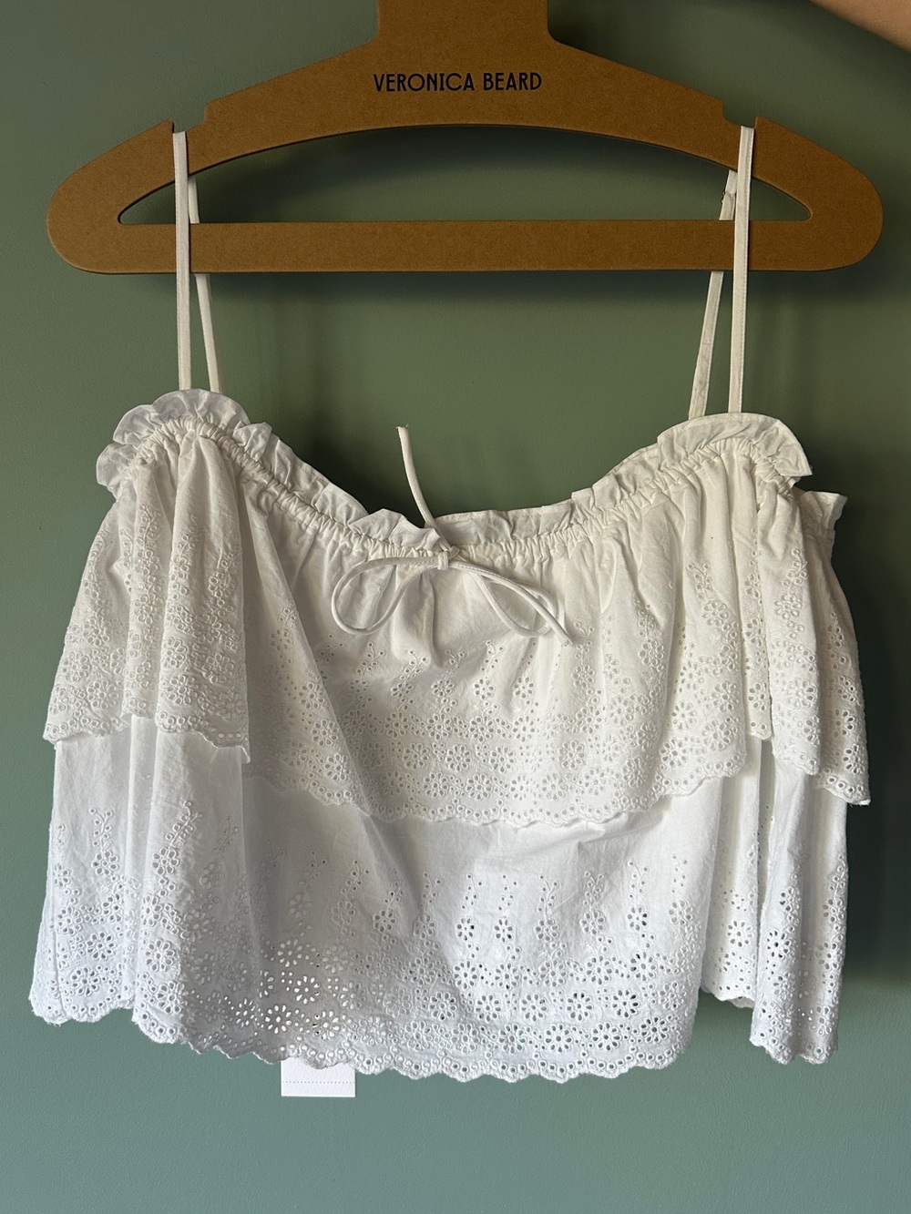 Veronica Beard White Eyelet Ruffle Off-Shoulder Crop Top